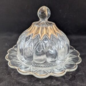 Vintage Pressed Glass Round Butter Dish Gold Trim Scalloped Edge Sunburst Dome